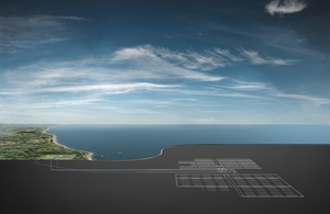 Illustrative example of a GDF with tunnels and vaults in deep underground rock, under the seabed